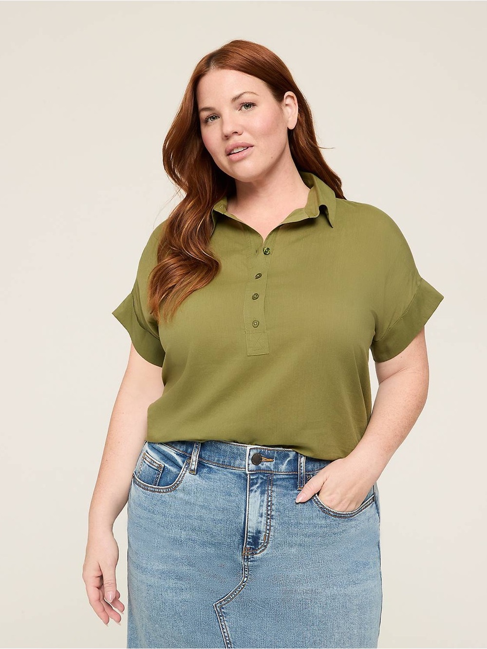 Lane Bryant Relaxed Short-Sleeve Collared Shirt Olive Green Polo Top Women 18/20